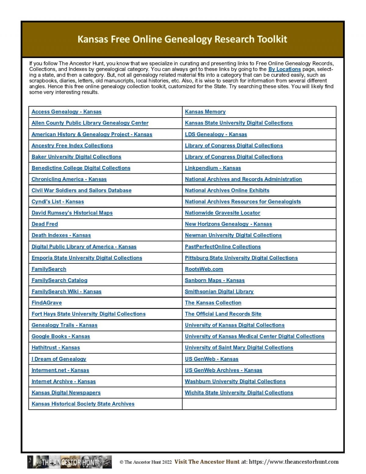 Kansas Free Online Genealogy Research Toolkit The Ancestor Hunt Kansas Free Online Genealogy Research Toolkit The Ancestor Hunt
