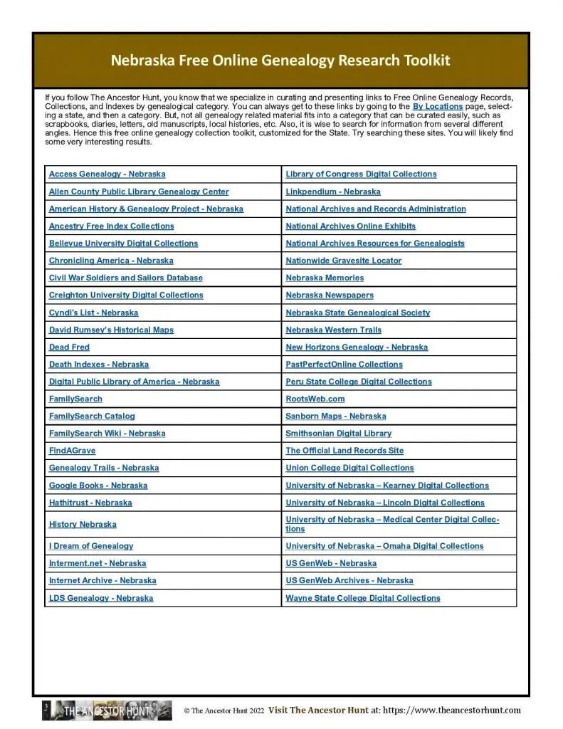 Nebraska Free Online Genealogy Research Toolkit The Ancestor Hunt Nebraska Free Online Genealogy Research Toolkit The Ancestor Hunt