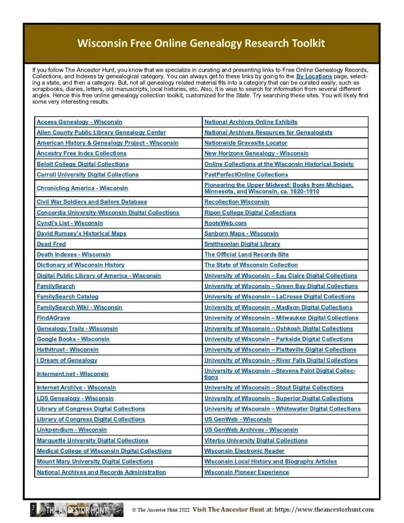 Wisconsin Free Online Genealogy Research Toolkit – The Ancestor Hunt