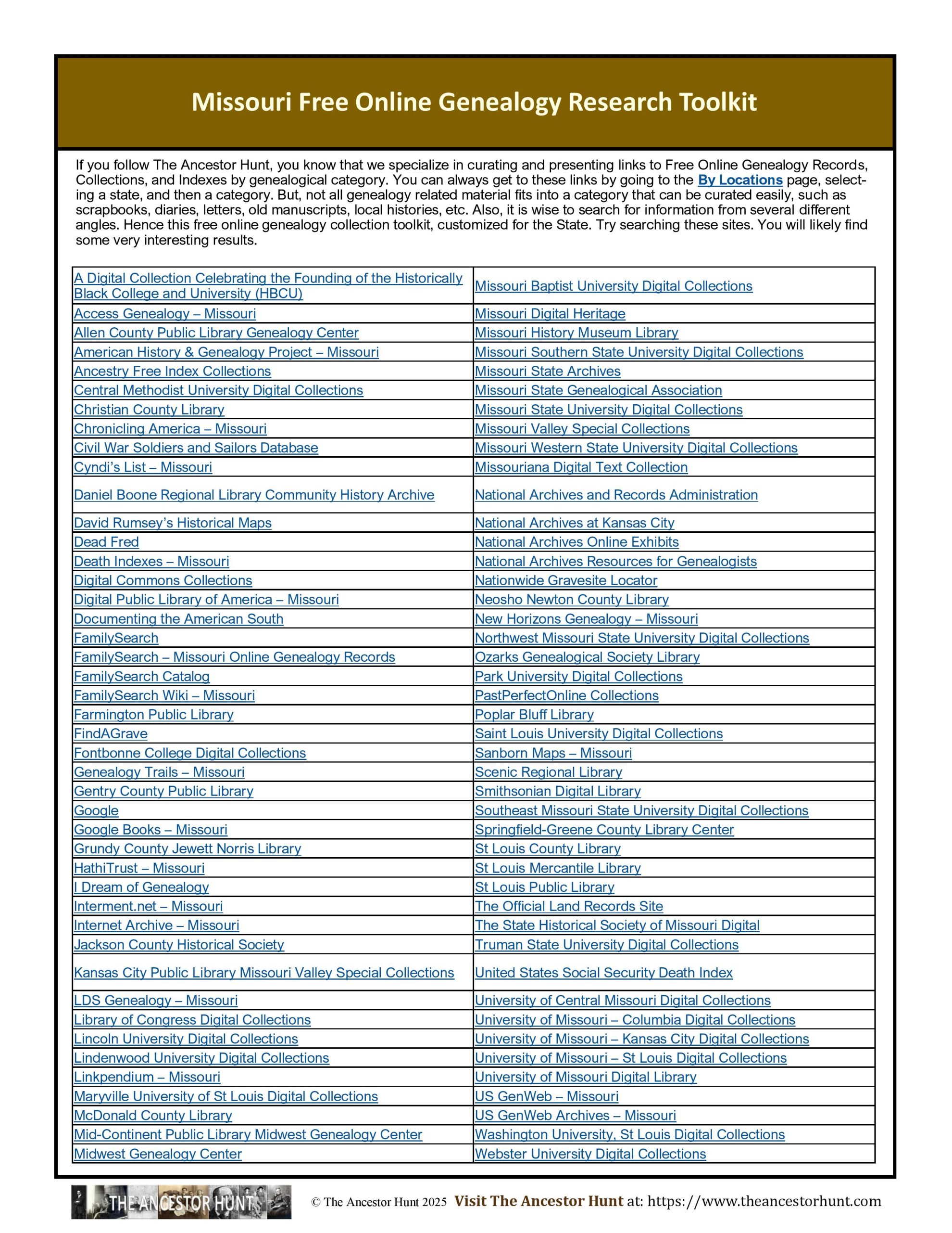 Missouri Free Online Genealogy Research Toolkit - The Ancestor Hunt