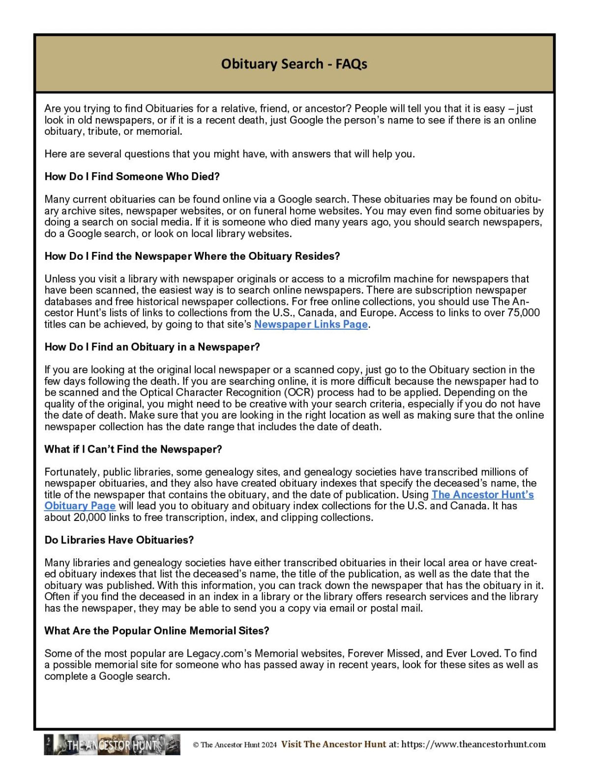 Obituary Search FAQs - The Ancestor Hunt