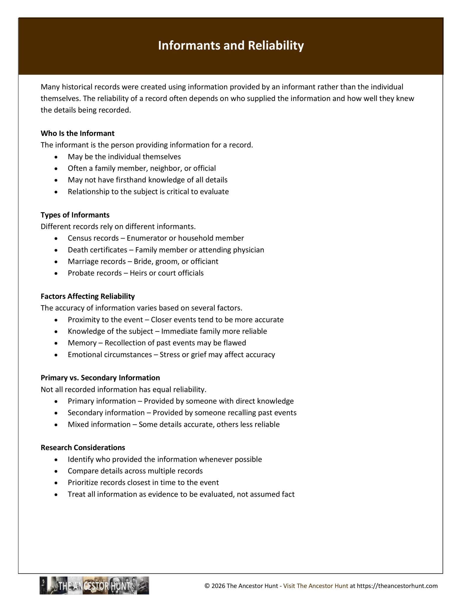 Informants and Reliability - The Ancestor Hunt